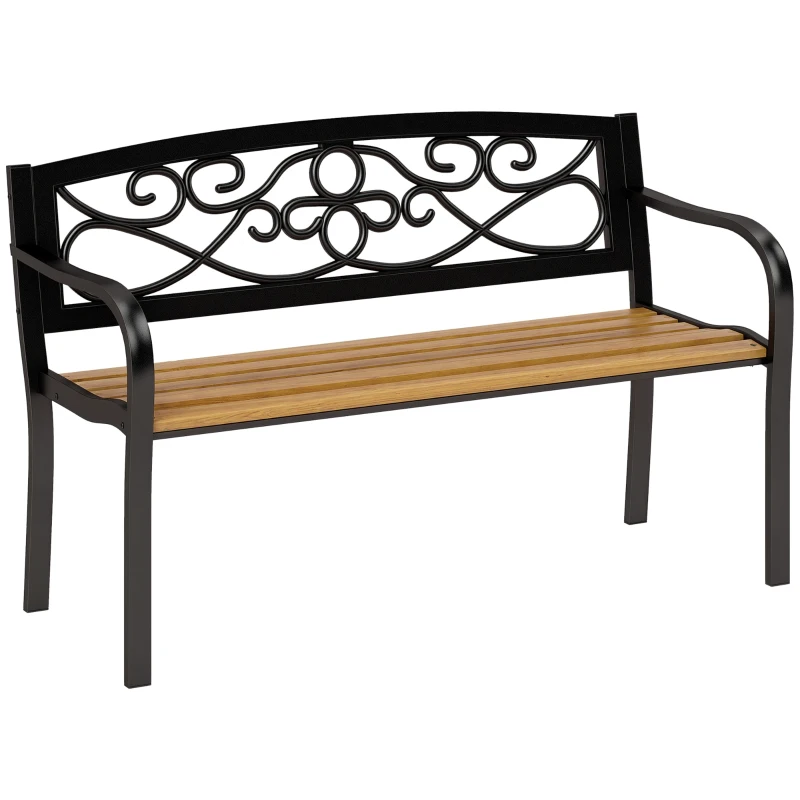 Outsunny Banco de Jardim de 2 Lugares Banco de Exterior com Assento de Madeira e Estrutura de Aço 127x56x80 cm Madeira e Preto