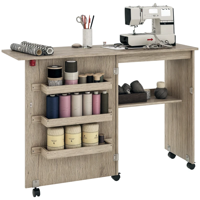 HOMCOM Tavolo da cucito pieghevole mobile da cucito a ribalta con contenitori, scaffale aperto e ruote effetto legno grigio