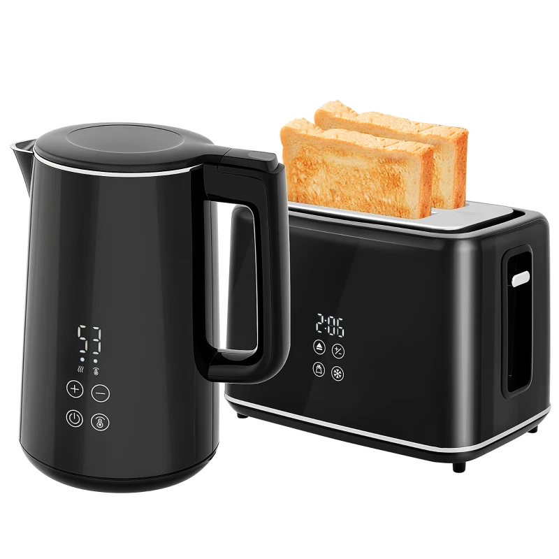 HOMCOM Ensemble de Cuisine avec Bouilloire et Grille-Pain, 7 Niveaux de Brunissage, Cuisson Rapide, Acier Inoxydable, Plastique, Noir