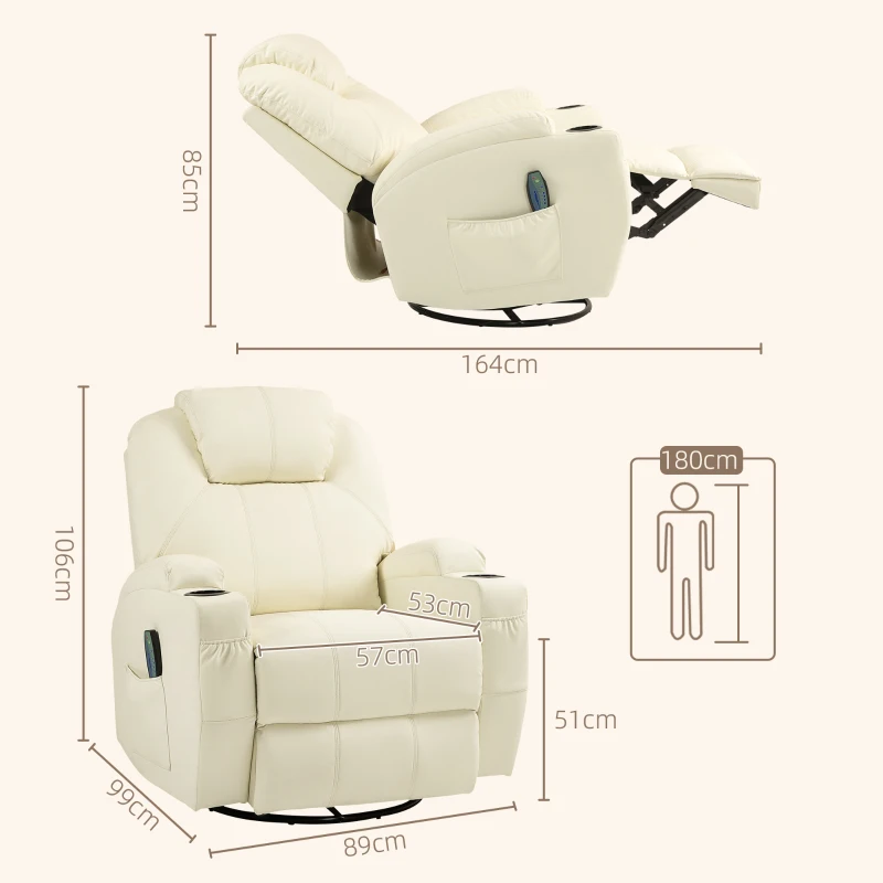 HOMCOM Fauteuil relax avec fonction de massage, dossier réglable, pivotant, jusqu'à 150 kg, simili cuir, Blanc crème