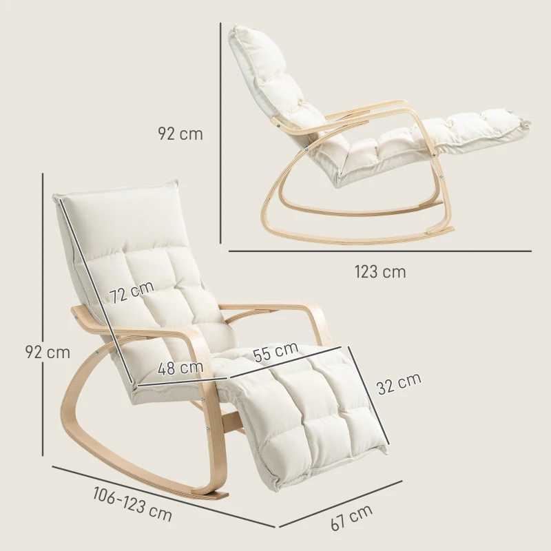 HOMCOM Fauteuil à bascule rembourré, fauteuil relaxant avec accoudoirs et cadre en acier, pour salon, chambre à coucher, crème