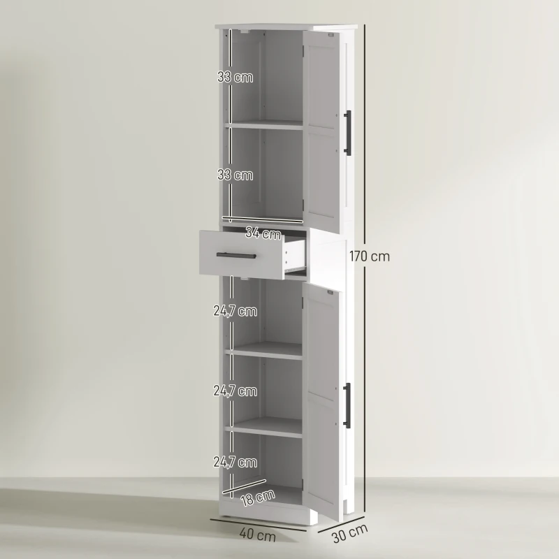 HOMCOM Armoire Haute de Salle de Bain Étroite avec 2 Portes 1 Tiroir et 2 Étagères Ajustables Style Rustique 40x30x170 cm Blanc