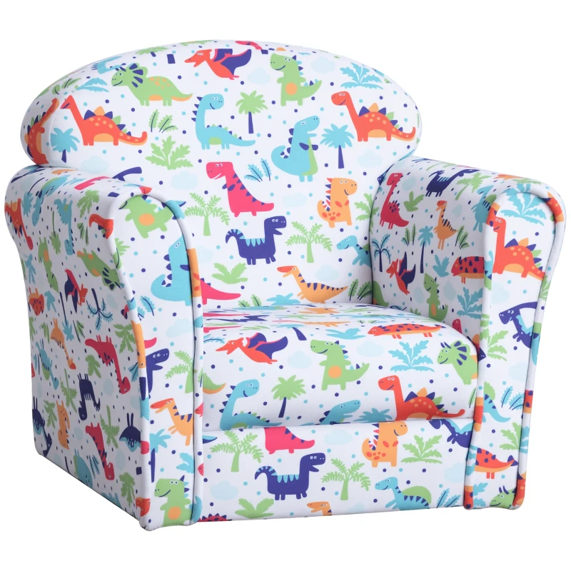 HOMCOM Children Armchair Kids Sofa Tub Chair Seat Cartoon Dinosaur Pattern Bedroom Flannel Wooden Frame Non-slip Playroom Seater