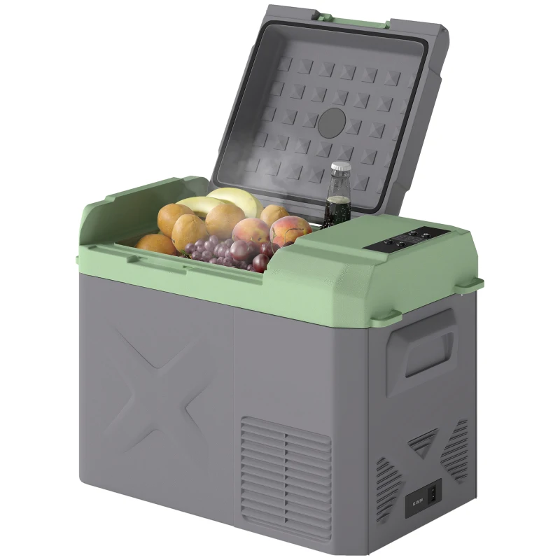 Outsunny Réfrigérateur de Camping 24,2 Litres, Réfrigérateur de Voiture, Glacière avec Lumière LED, Adaptateurs AC et DC, Fonctionnement Silencieux, Gris+Vert