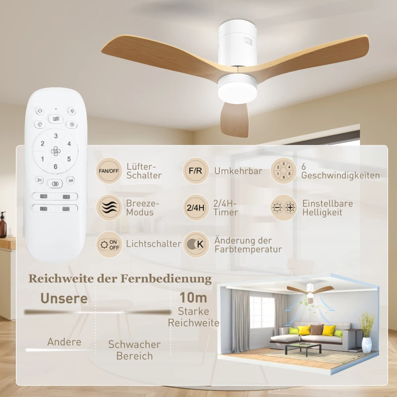 HOMCOM Ventilateur de plafond avec lumière LED, 6 vitesses, télécommande, Brun clair