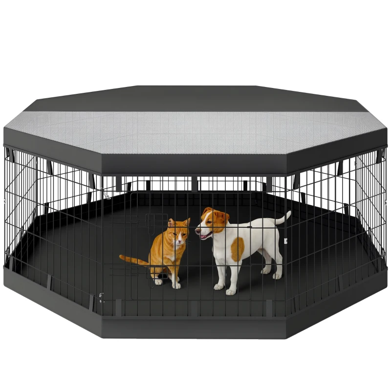 PawHut Parc pour chien enclos chien intérieur 8 panneaux pliables modulables avec porte pour chiots acier 61l x 61H cm noir