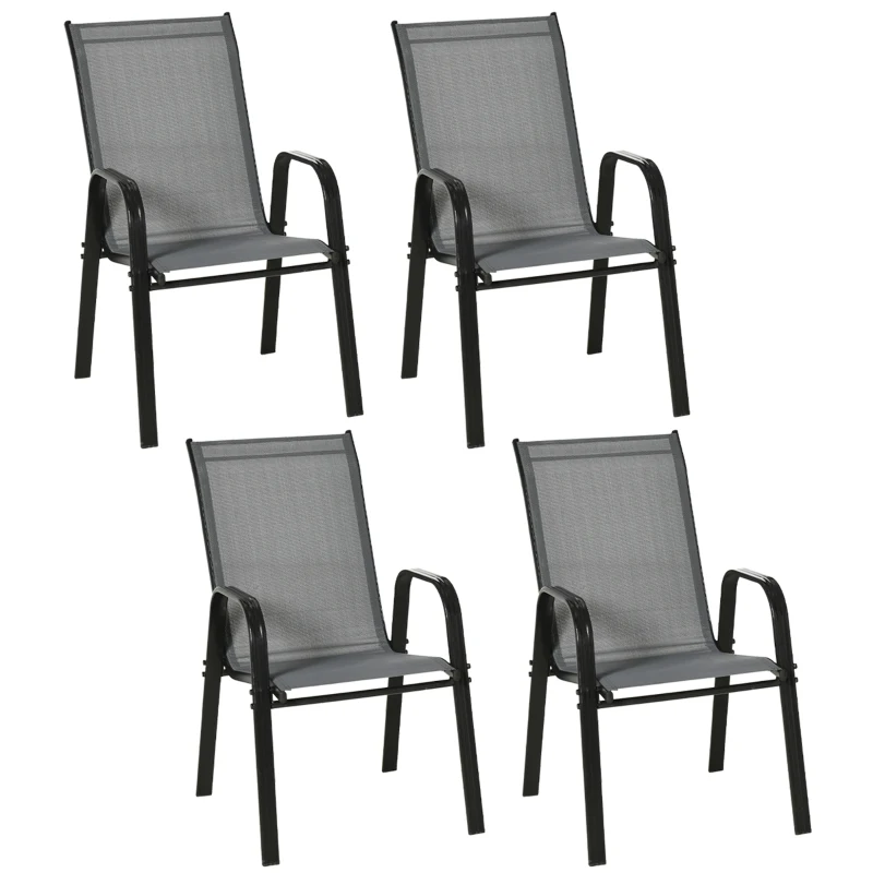 Outsunny Lot de 4 Chaises de Jardin Empilables et Gain de Place avec Accoudoirs en Métal et Tissu en Filet, Gris