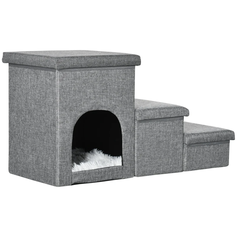 PawHut Escalera para Mascotas de 3 Peldaños 2 Cajas de Almacenaje Cueva y Cojín para Cama Sofá 73,5x33x40,5 cm Gris