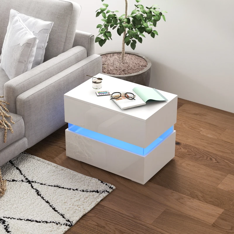 HOMCOM Table de Chevet avec lumière LED RGB intégrée, 2 Tiroirs, 4 Modes d'éclairage et 16 couleurs, en Aggloméré, 60x39x47cm, Blanc