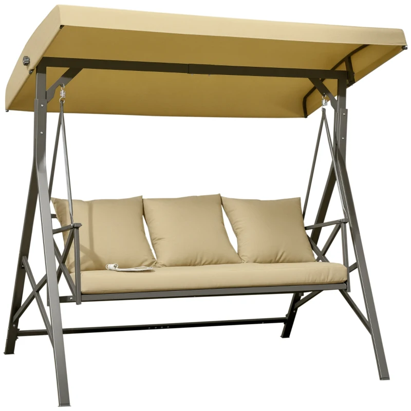 Outsunny Dondolo da Giardino 3 Posti in Acciaio e Poliestere con Tetto Inclinabile e Cuscini, 190x120x178 cm