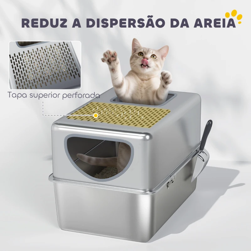 PawHut Caixa de Areia para Gatos em Aço Inoxidável XL  com Pá Aberturas Duplas Fácil de Limpar 60x39,6x40,1 cm Prateado