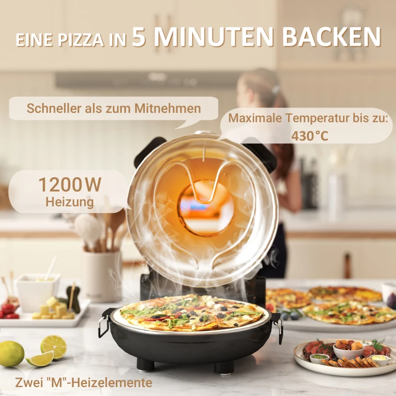 HOMCOM Pizzaofen elektrisch 430 ℃, 1200 Watt Pizzabäcker mit 30cm Steinplatte Timer Sichtfenster Edelstahl Schwarz(m-4)