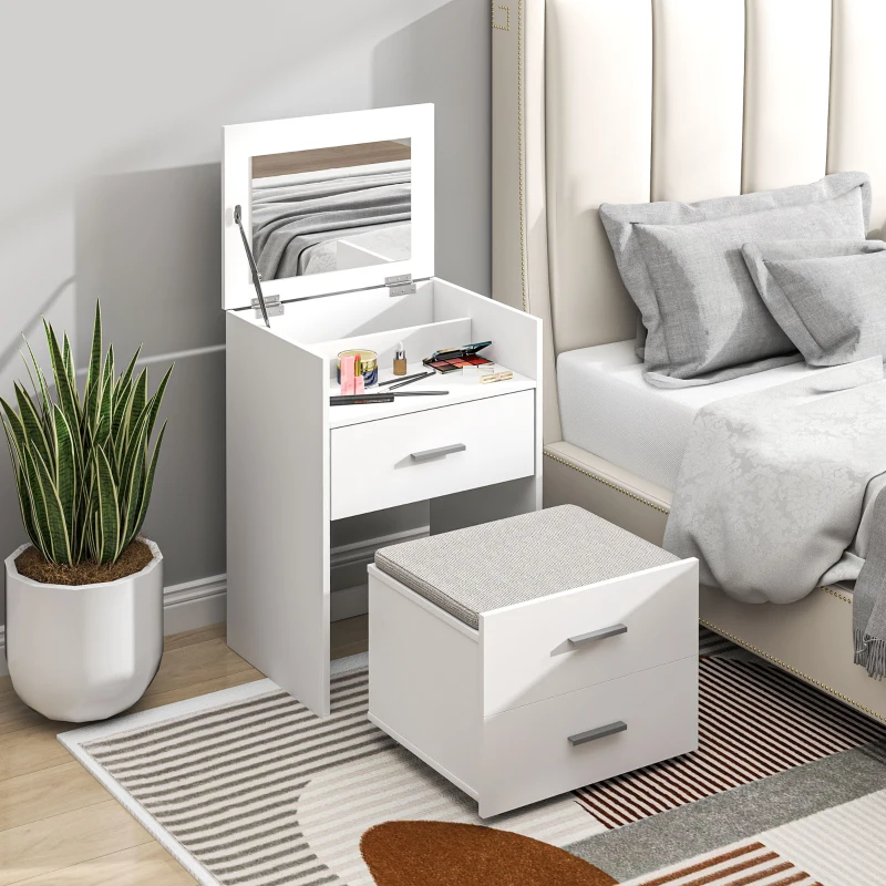 HOMCOM Coiffeuse en Bois avec Miroir Rabattable, 2 Tiroirs et Tabouret, 50x40x113.5 cm, Blanc(m-2)