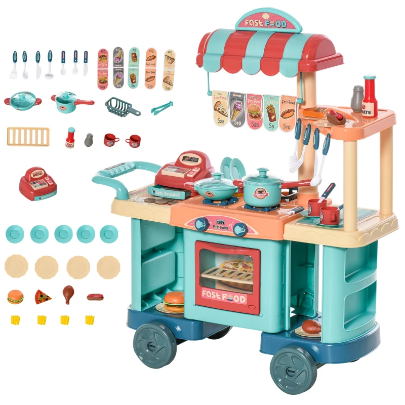 HOMCOM Cuisine Jouet pour Enfants 3-6 Ans, Cafétéria Restaurant avec 50 Accessoires Inclus, 79,5 x 33 x 90,5cm