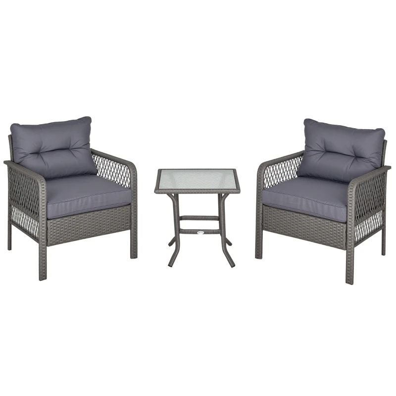 Outsunny Conjunto de Muebles de Ratán Juegos de 3 Piezas de Jardín 2 Sillones 65x66x75 cm y Mesa de Vidrio Templado 50x50x50 cm con Cojines Acolchados para Terraza Patio Gris