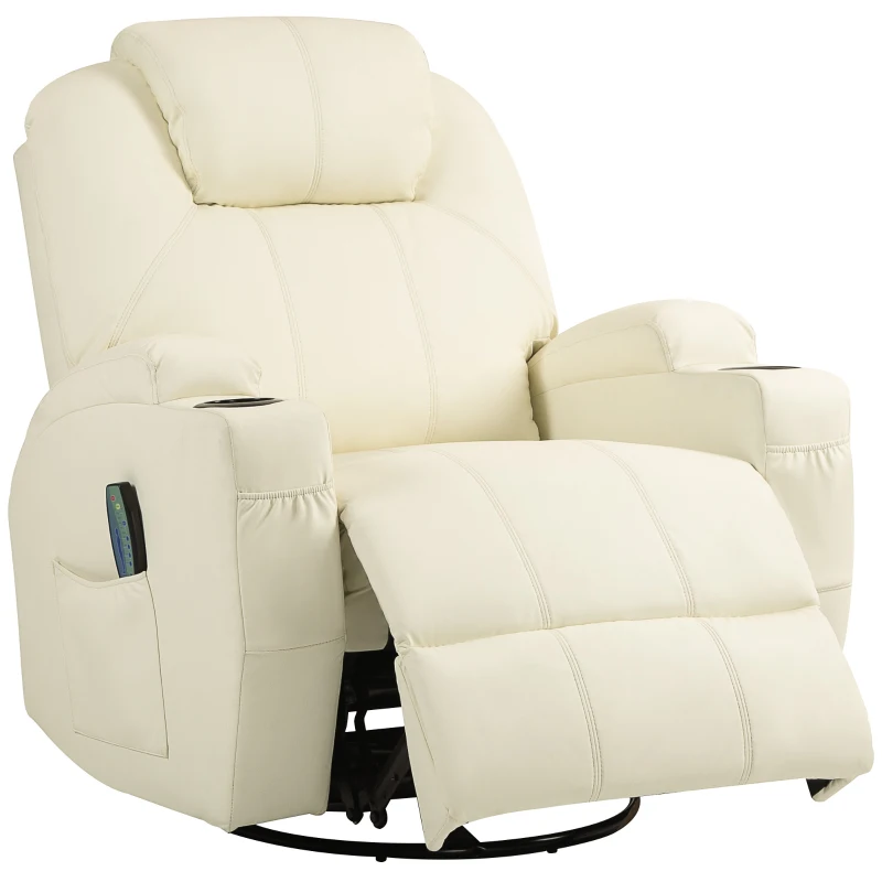 HOMCOM Fauteuil relax avec fonction de massage, dossier réglable, pivotant, jusqu'à 150 kg, simili cuir, Blanc crème