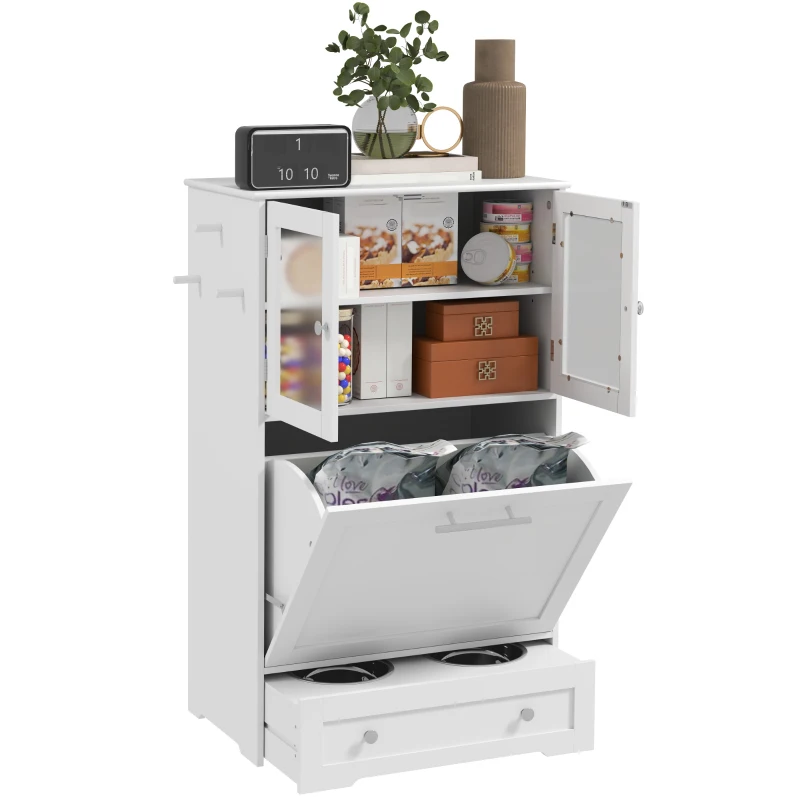 PawHut Dog Feeding Station with 2 Storage Cabinets, 2 Elevated Bowls, Side Hooks, Anti-tip Kit for Water and Feeding Supplies