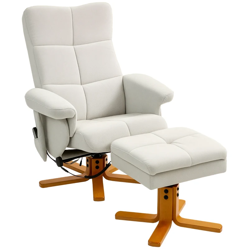 HOMCOM Massagesessel mit Liegefunktion und Fußhocker, 145°-Neigung, Polyester, 80 x 86 x 99 cm, Cremeweiß(m-10)