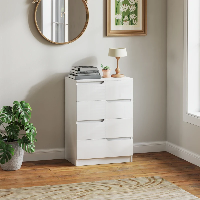 HOMCOM Commode Moderne, Chambre À Coucher, 4 Tiroirs, Panneaux de particules, Dispositif Anti-Basculement, Patins de Pied, Blanc(m-2)