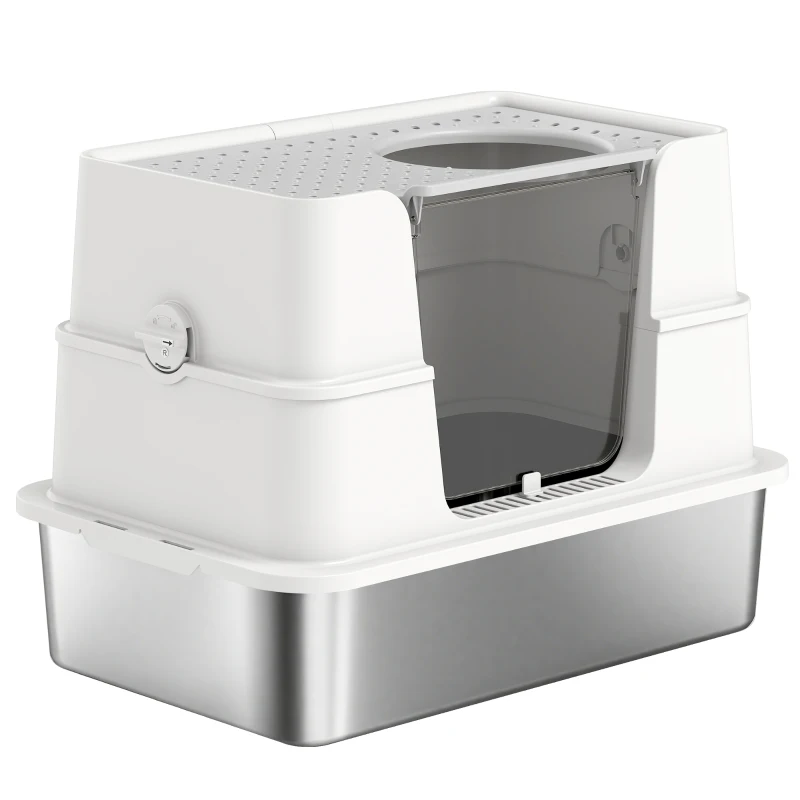 PawHut Litière pour Chat en Acier Inoxydable XL avec Couvercle Relevable Entrées Hautes Pelle Facile à Nettoyer Anti-Fuites Gris Clair