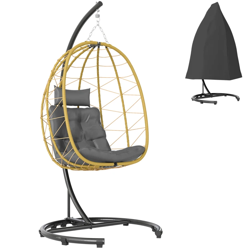 Outsunny Fauteuil Suspendu et Pliable avec Coussins, en Acier et Rotin PE, 102x102x195 cm, Noir Gris et Beige