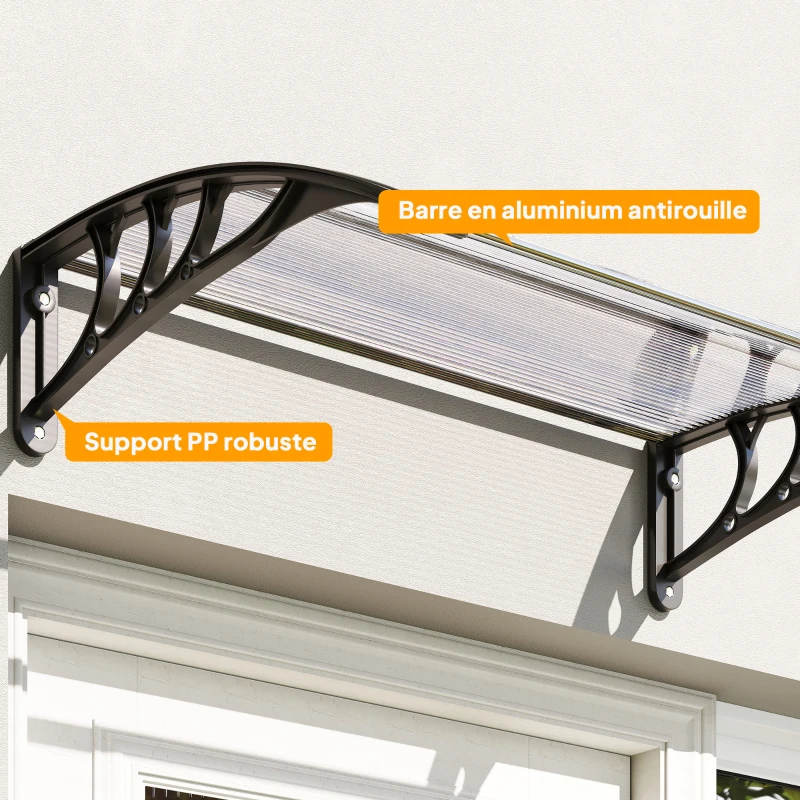Outsunny Auvent de porte d'entrée, toit marquise de porte exterieur en polycarbonate et aluminium résistante toit abri protection contre la pluie et UV pour terrasse, balcon, 100 x 75 cm, transparent