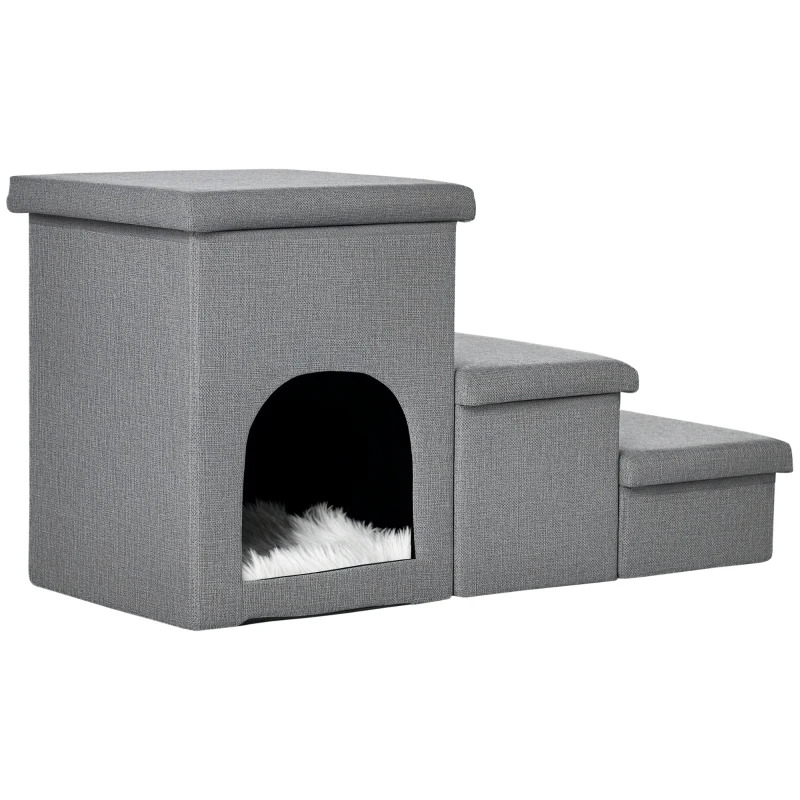PawHut Escada para Cães de 3 Degraus com Tampas 3 Caixas de Armazenamento Caverna e Almofada Lavável 73,5x33x40,5cm Cinza