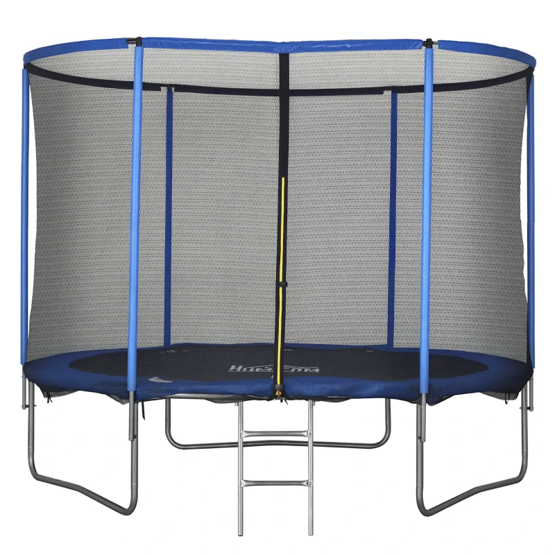 HOMCOM Trampolino Elastico da Esterno, Tappeto Elastico per Bambini e Adulti da Giardino con Rete di Sicurezza, Scaletta e Bordo Imbottito, Giochi da Giardino e Casa, Ø305x248cm, Blu e Nero
