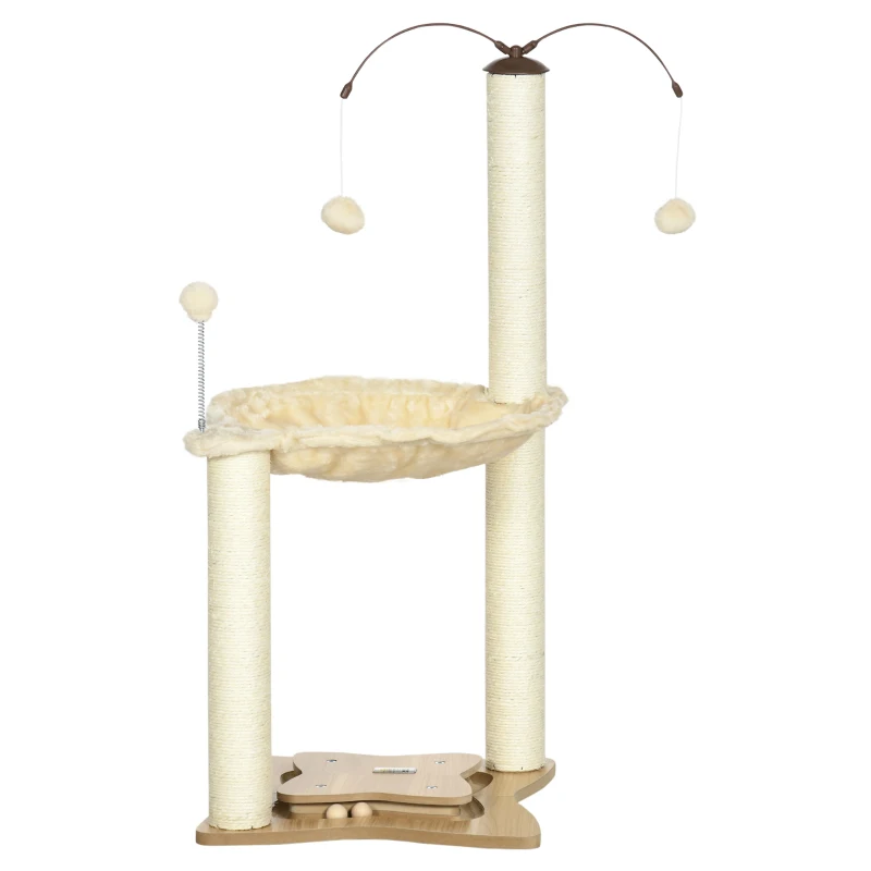 PawHut Arbre à Chat Griffoir max 5 kg avec Hamac, Balles de Jeu et Poteaux en Sisal, 53,5x53,5x90 cm, Beige