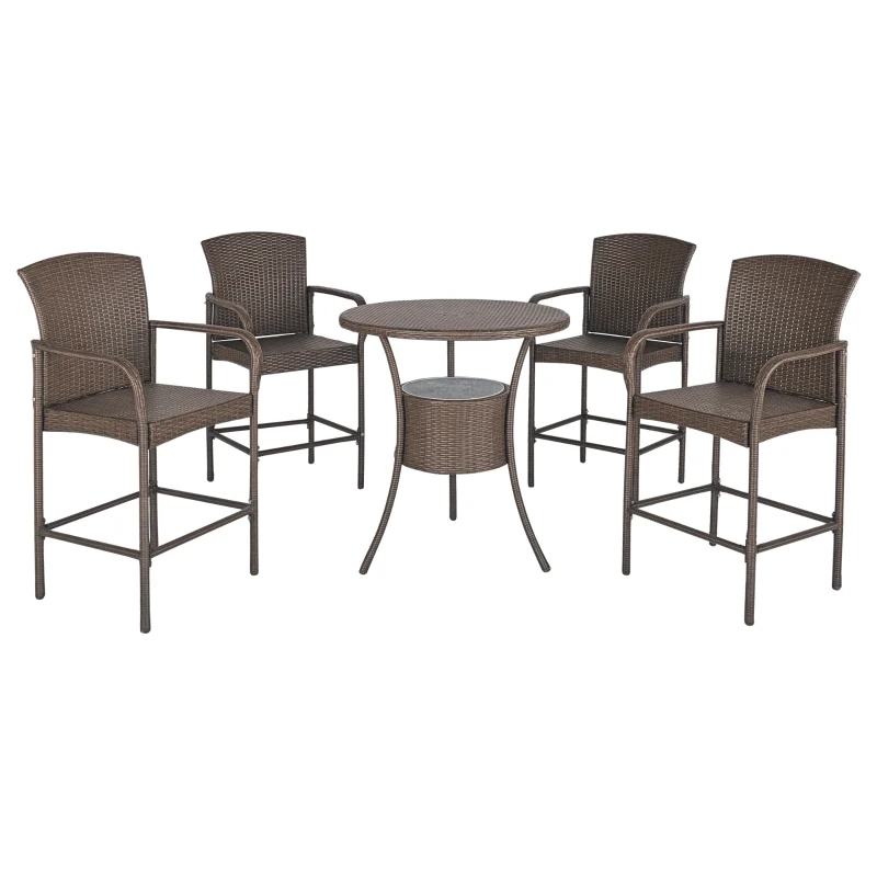 Outsunny Set 5 Pezzi Tavolino con 4 Sedie da Giardino Alte in Rattan Sintetico con Secchiello per Ghiaccio, Marrone