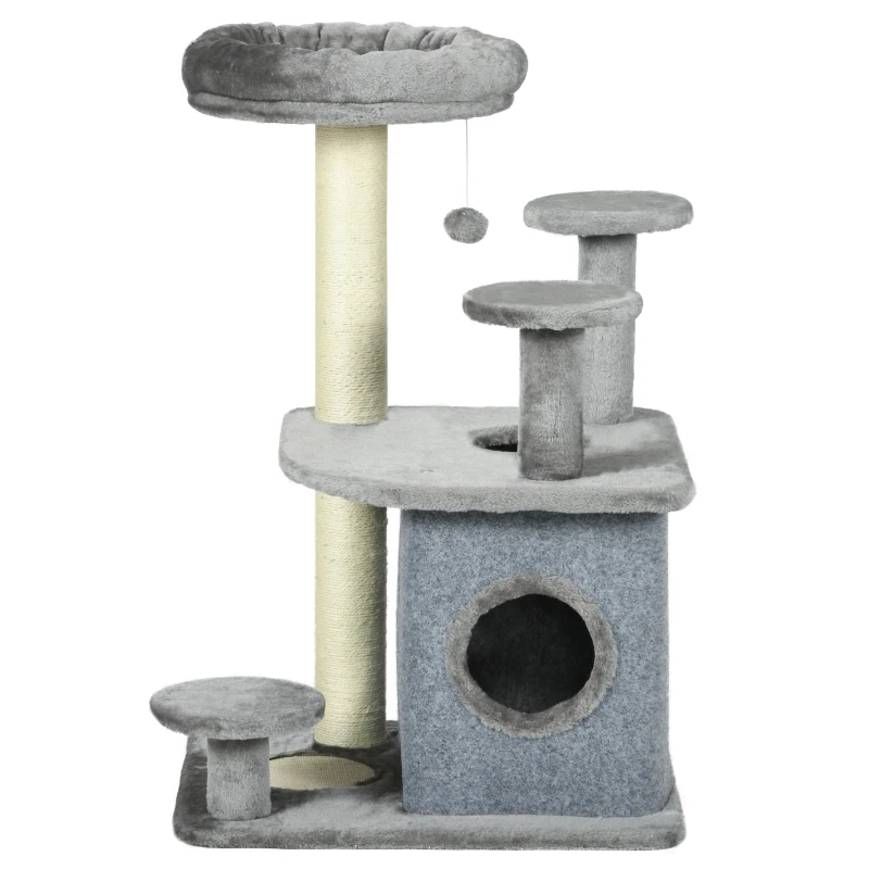 PawHut Arbre à Chat avec Transat et Maison en Peluche, Poteaux en Sisal, 60x48x92 cm, Gris