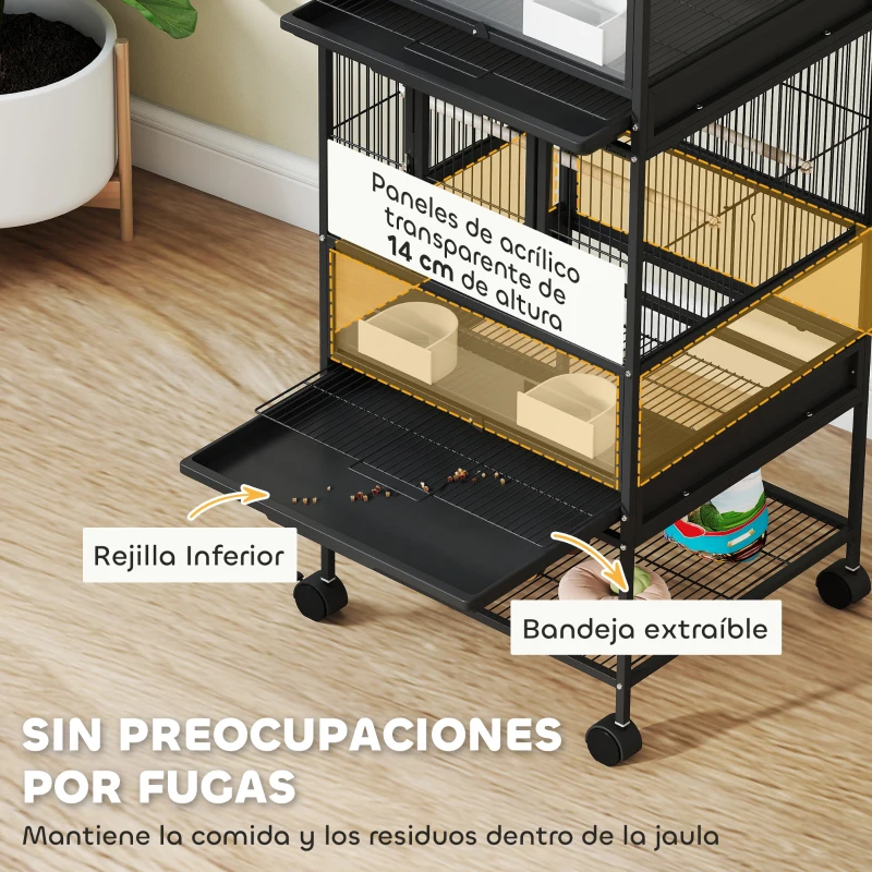 PawHut Jaula para Pájaros de 2 Niveles con Paneles Acrílicos Comederos Perchas Ruedas y Estante Inferior 48x46x134,5 cm Negro