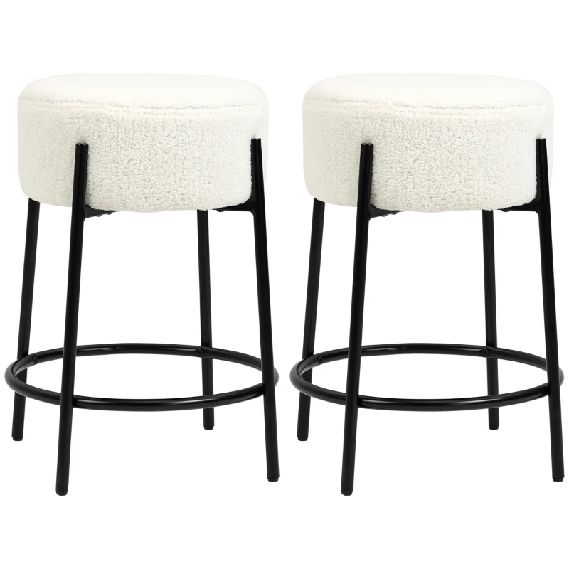 HOMCOM Lot de 2 tabourets de bar avec repose-pieds acier et revêtement effet laine bouclée hauteur 62 cm blanc et noir