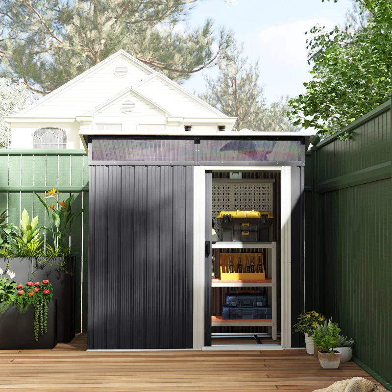 Outsunny Cabane de Jardin, Abri de Rangement avec Fenêtres, Ouvertures de Ventilation, Porte Coulissante, Acier imperméable, Résistant aux Intempéries, Gris Foncé