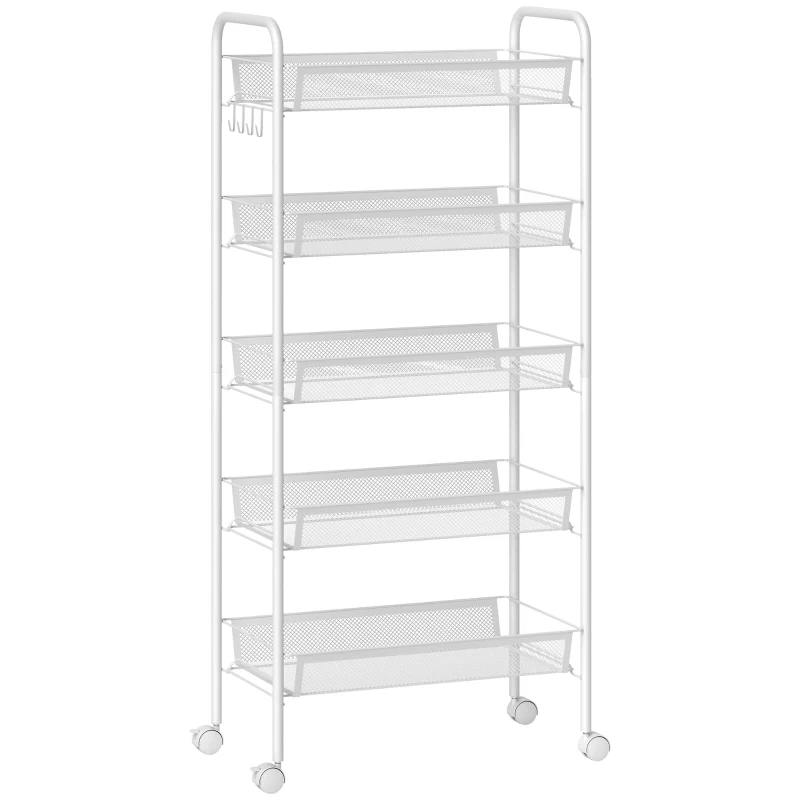 HOMCOM Chariot de Cuisine Gain de Place à 5 Niveaux avec Paniers en Treillis en Acier, 45x26.5x106 cm, Blanc