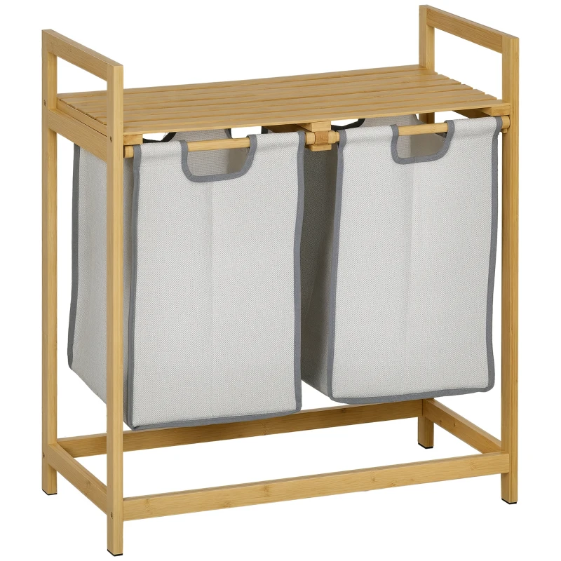 HOMCOM Cesto de Roupa de Bambu Cesto de Roupa Suja com 2 Bolsas Amovíveis e 2 Prateleiras para Casa de Banho 64x33x73 cm Madeira