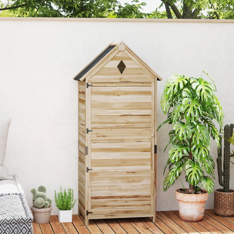 Outsunny Cabane de Jardin avec 4 Étagères, Cabanon de Rangement en Bois, Toit en Asphalte Imperméable, 80 x 49 x 170 cm, Marron Clair