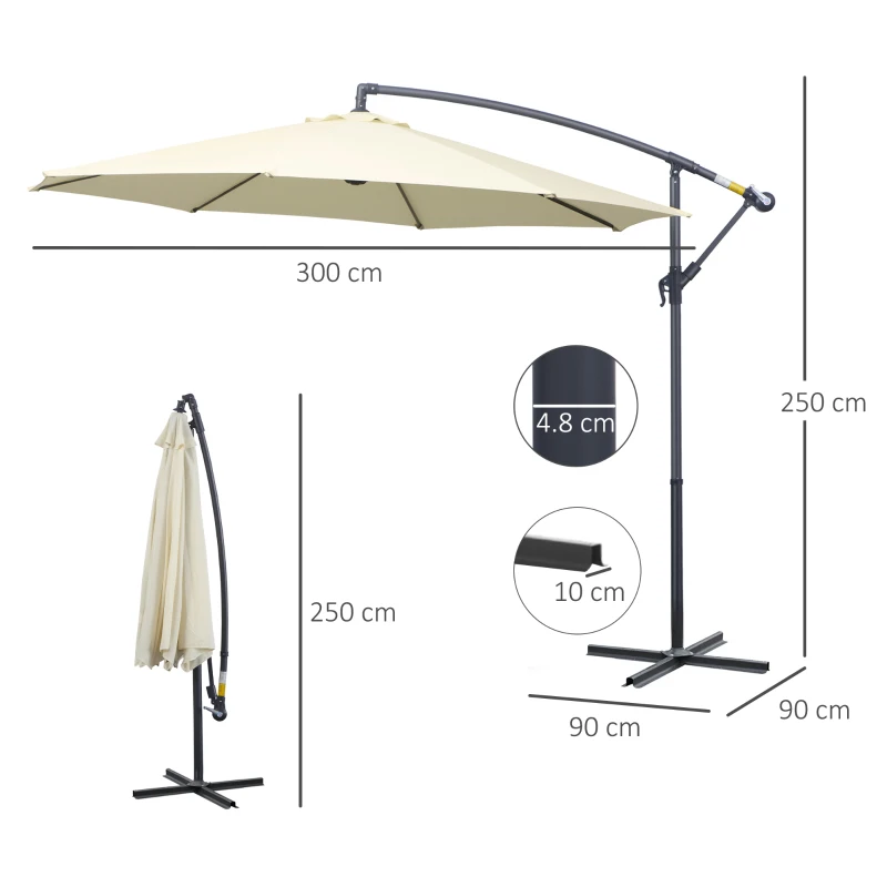 Outsunny 3m Cantilever Parasol, Hanging Parasol, Steel, Weather Resistent, Cream White