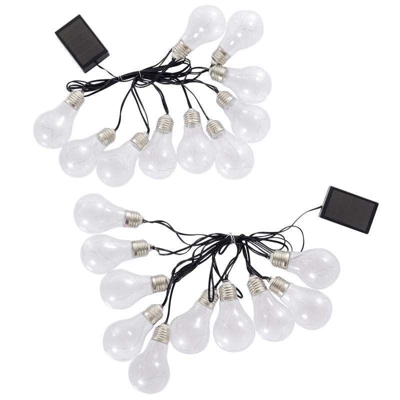 Outsunny Guirlandes lumineuses solaires extérieures - lot de 2 pièces - total 20 ampoules LED blanc chaud - longueur totale 7,6 m - norme IP44