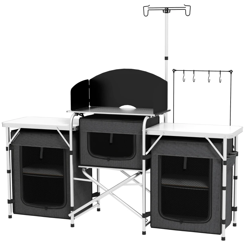 Outsunny Cuisine de Camping Pliante à 3 Étages avec 5 Étagères Intérieures et 4 Crochets, 172x48x119 cm, Noir