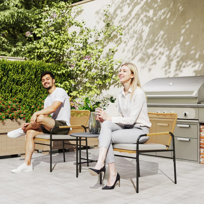 Outsunny Ensemble de Meubles de Jardin en Rotin Synthétique avec 2 Chaises avec Coussins Amovibles et Table avec Plateau Métallique Naturel