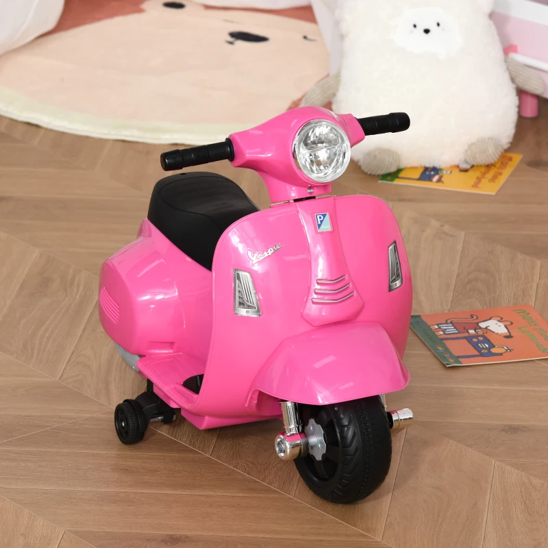 HOMCOM Moto Électrique pour Enfants 6V avec Licence Officielle Vespa Batterie, Mini Moto Électrique pour Enfants de 18-36 Mois avec Phares et Klaxon, 66,5x38x52cm, Rose