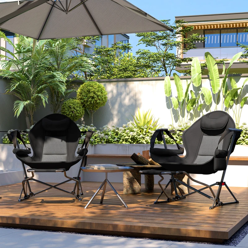 Outsunny 2 Mecedora Jardín Exterior con Reposapiés Reposacabezas Portavasos Bolsillos y Bolsa de Transporte Carga 120 kg Negro