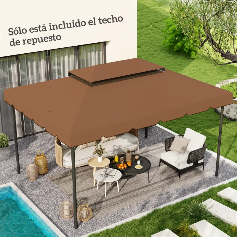 Outsunny Toit de Rechange pour Pavillon 4x3 m Couverture de Rechange avec Double Toit et 8 Trous de Drainage Café