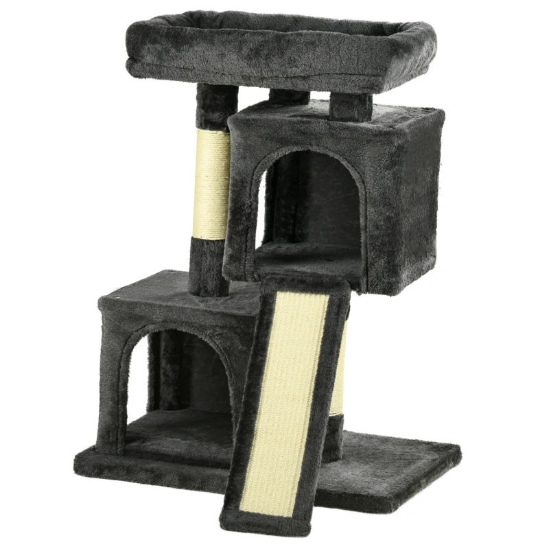 PawHut Arbre à Chat Compact avec Grottes et Panneau à Griffes - Gris foncé