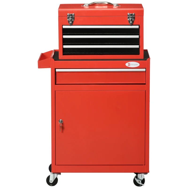 DURHAND Chariot à Outils 2 en 1 avec Caisse Amovible et Armoire avec Clé en Acier, Rouge