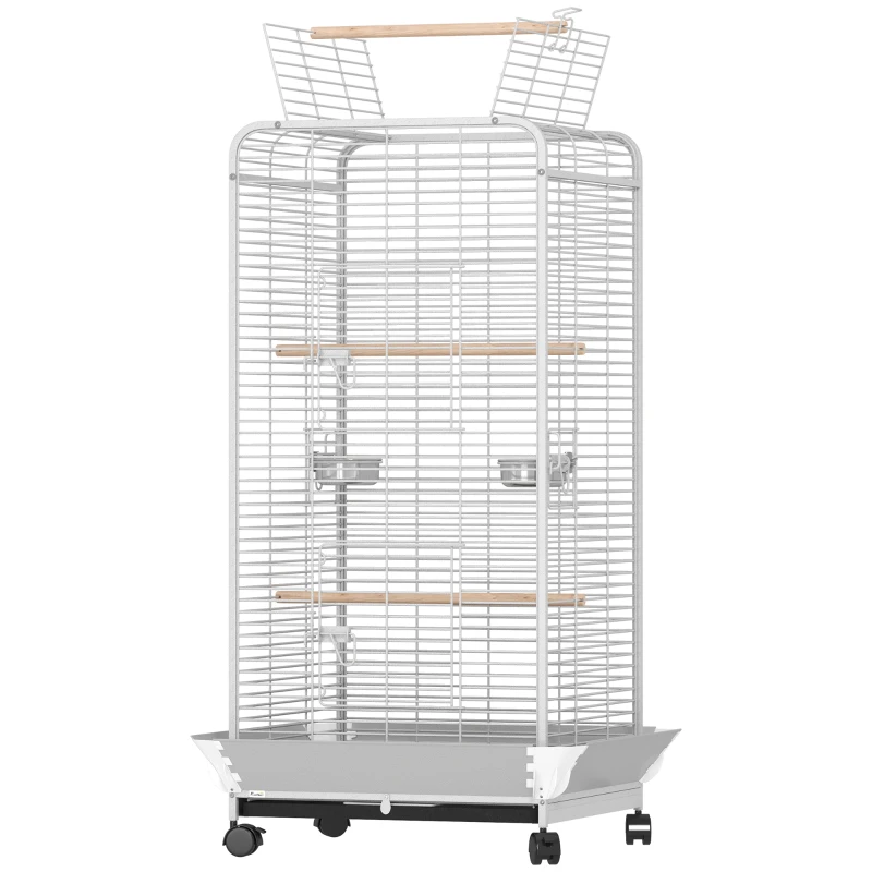 PawHut Cage pour Perroquets avec Roulettes Perchoirs Mangeoires et Plateau Amovible Volière pour Cacatoès Perruches 79x73x146 cm Gris clair