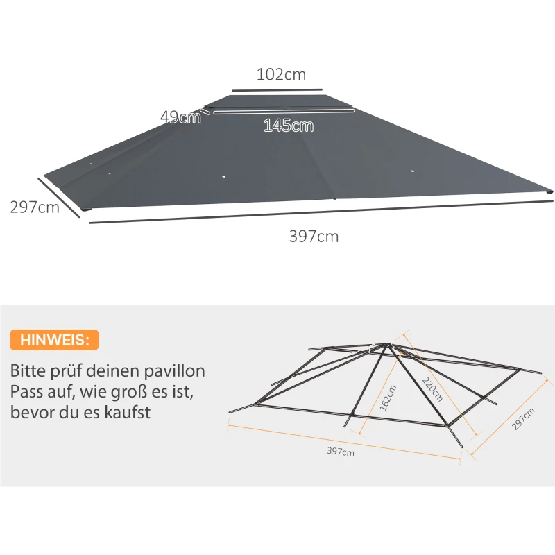 Outsunny Toit de pavillon de rechange Pavillon Baldachin, résistant aux intempéries, 397 x 297 cm, Gris foncé