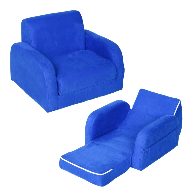 HOMCOM Sillón para Niños de 3 Años Sofá Transformable Diseño 2 en 1 Cama Infantil Plegable de 2 Posiciones con Reposabrazos Asiento Ancho Acolchado 47x45x38 cm Azul