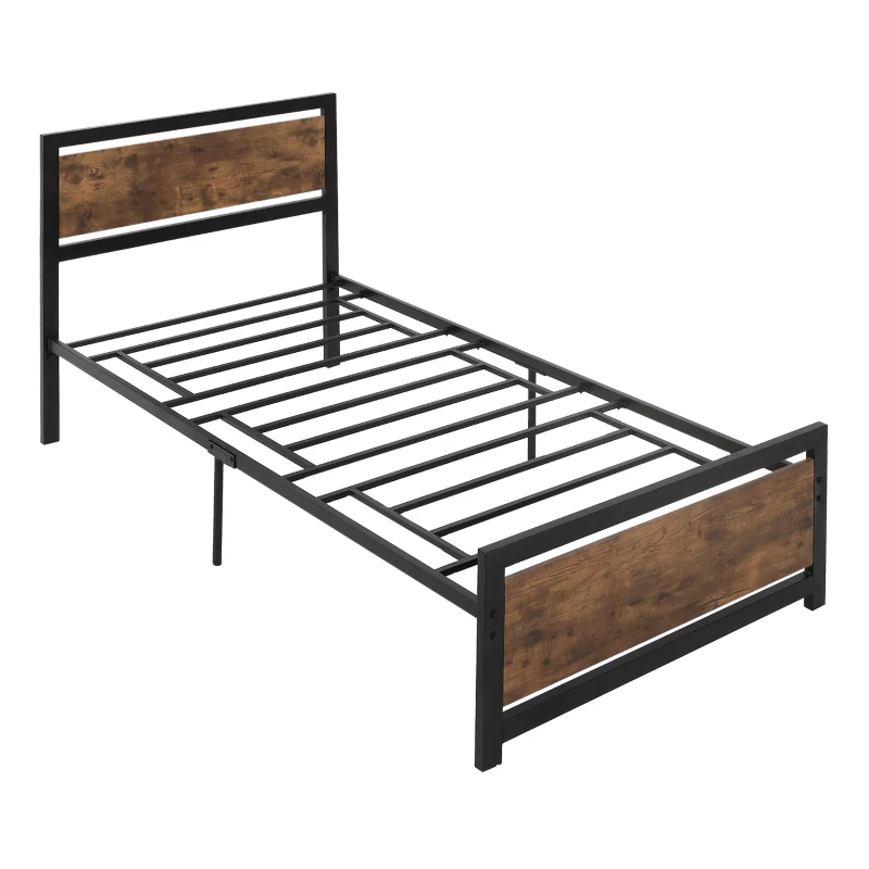 HOMCOM Structure Lit Simple en Bois et Acier avec Lattes de Style Industriel, 90x200 cm